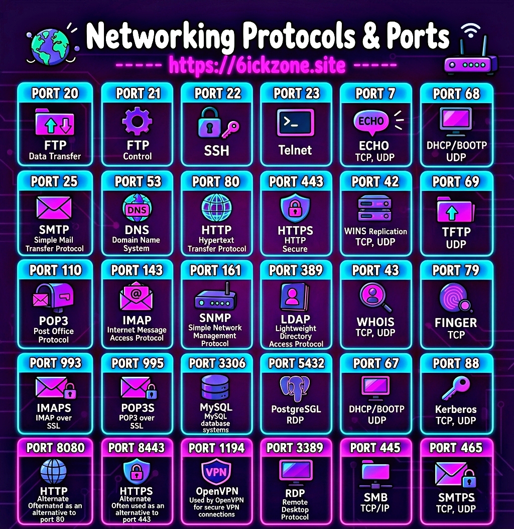 Daftar port networking penting seperti SSH port 22, HTTP port 80, dan MySQL port 3306